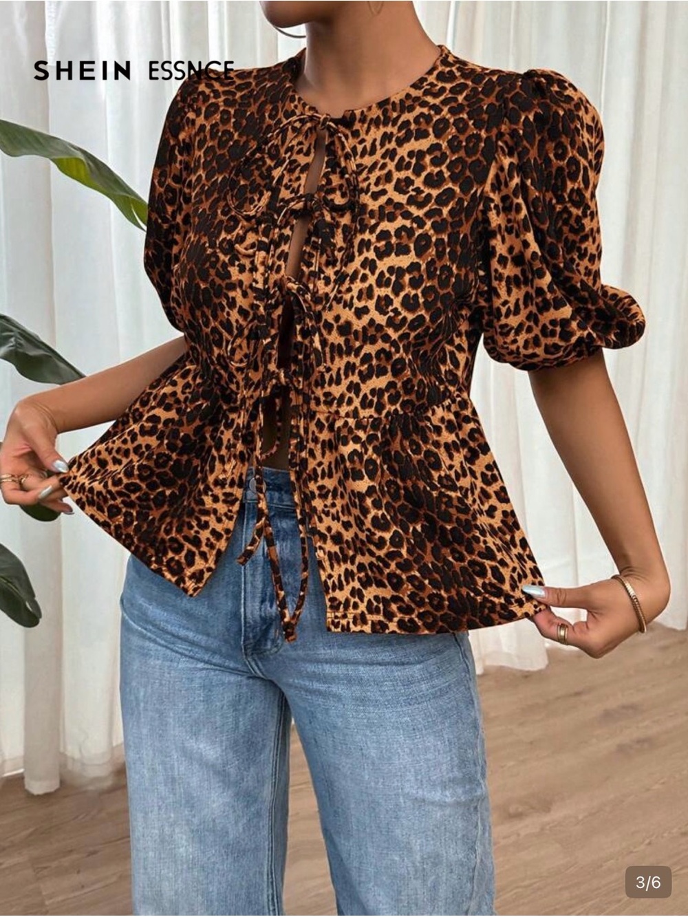SHEIN Brown & Black Leopard Tie-Front Puff Sleeve Blouse